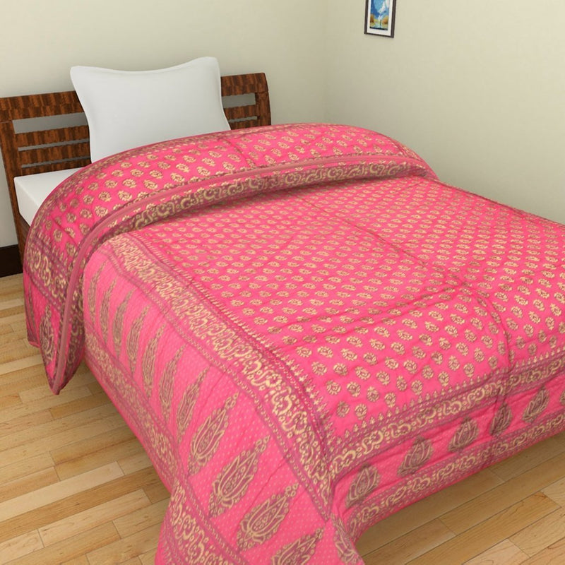 SVT Jaipuri World Famous Light Weight Pure Cotton Traditional Rajasthani Single Quilt Bed - Gold, Pink