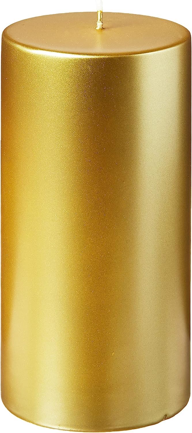 Celestial Splendor: Captivating Set of 4 Uniquely Designed Metallic Pillar Candles, Emanating a Mesmerizing Aura of Golden Brilliance and Adding an Extraordinary Touch to Your Decor