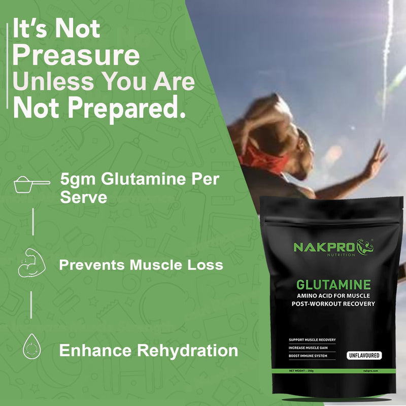 Nakpro L-Glutamine Powder | 4g Glutamine Per Serving, 50 Servings | Post Workout Amino Acid Supplement for Muscle Growth and Recovery (Unflavoured, 250g)