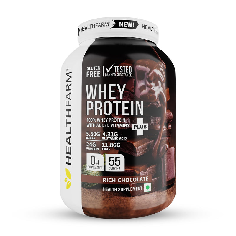 HEALTHFARM Whey Protein Plus with added vitamins, 24g Protein Per Serving, Build Lean and Bigger Muscle (Flavour-Rich Chocolate, 2kg-4.4lbs)