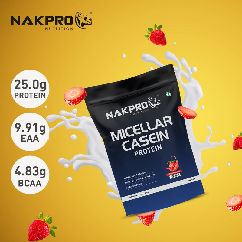 NAKPRO 100% Micellar Casein Protein Supplement |25g Protein, 9.91g EAAs, 4.83g BCAAss| Slow Absorbing Micellar Casein Protein Powder (Strawberry, 2 Kg)