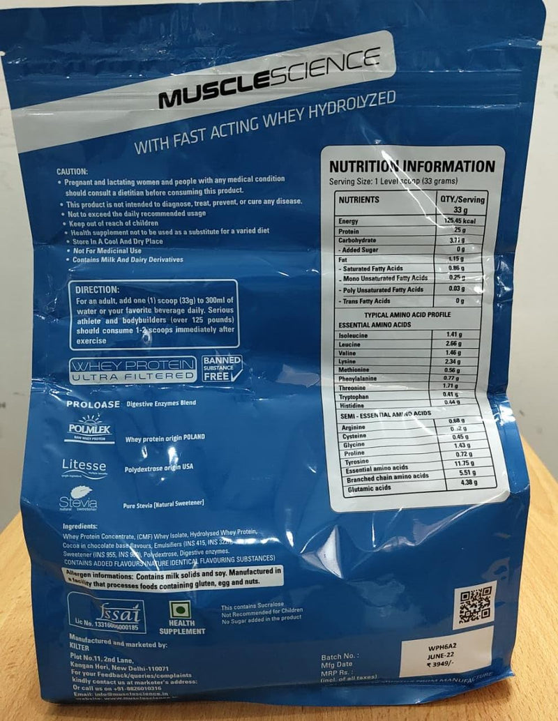 Muscle Science Whey Fusion Hydrolyzed Blend With 25g Protein/Scoop | 5.5 g BCAA | 4.4 g Glutamine | 11.75g EAA | ZERO ADDED SUGAR | Digestive Enzymes | Lean Muscle Protein | Low Carb (CHOCOLATE)