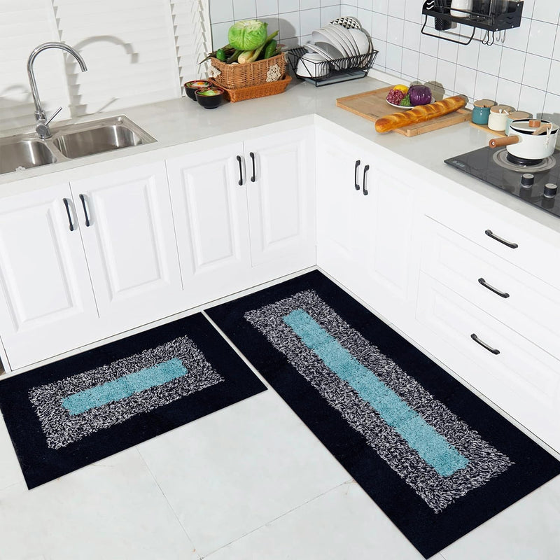 Kuber Industries Kitchen Set | Luxury Kitchen Floor Door Mat Runner Set | Doormat for Kitchen | Cotton Border Kitchen Set | Door Mat & Kitchen Runner Set | 2 Pcs Set | Blue