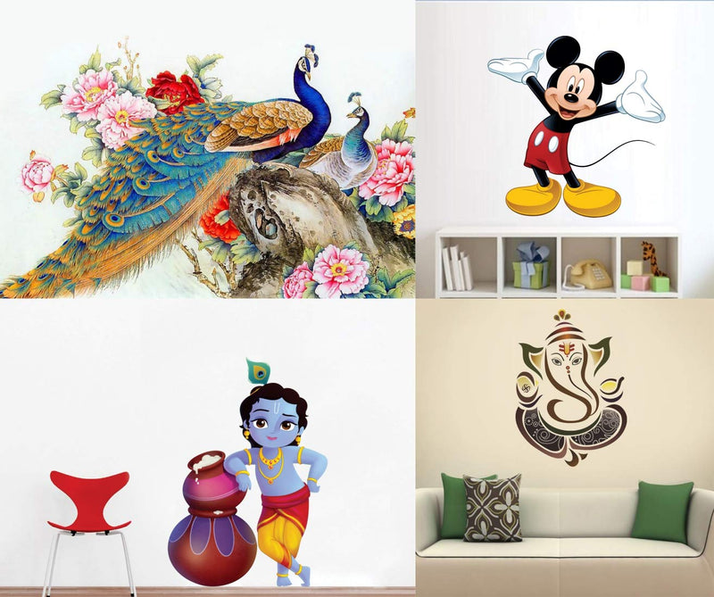 Walltech Combo of 4 Wall Sticker Royal Peacock-(50 x 60 cms) | Cute Mickey Mouse-(51 x 50 cms) | Cute bal Krishna makhan chor-(60 x 40 cms) | Royal Ganesh-(50 x 45 cms) - Material Vinyl for Kids Room Hall Living Room