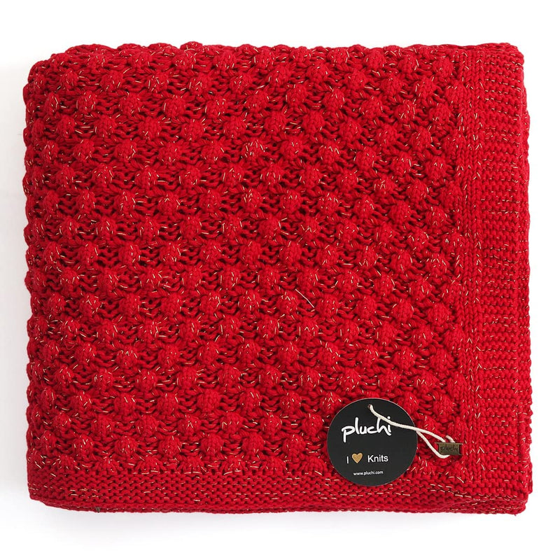 Pluchi Popcorn - Red with Gold Metallic Yarn 100% Cotton Knitted All Season AC Throw Blanket, 125 Cm x 150 Cm