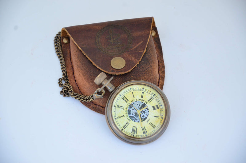 USEW Handmade Antique Brass Clock Roman Numerals Clock with Chain and A Brown Leather Bag