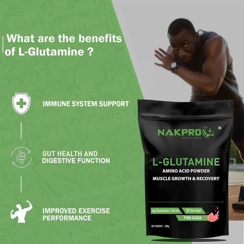 Nakpro L-Glutamine Powder | 4g Glutamine Per Serving, 60 Servings | Post Workout Amino Acid Supplement for Muscle Growth and Recovery (Pink Guava, 300g)