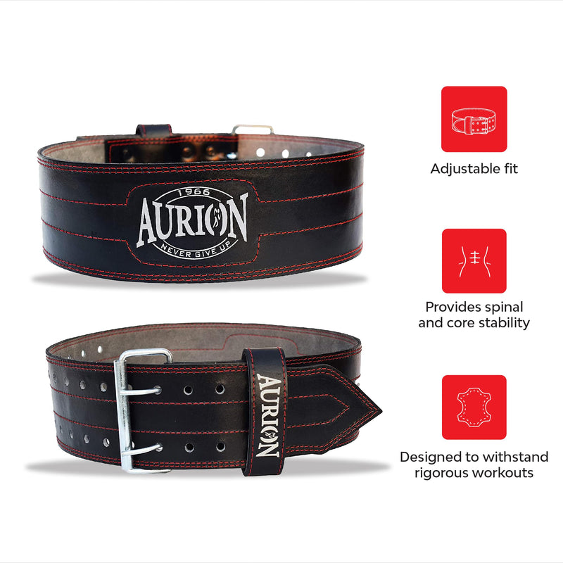 Aurion by 10 club Premium Leather Weight Lifting Belt-Medium | Powerlifting Leather Gym Belt for Workout | Dead Lift Belt - Black