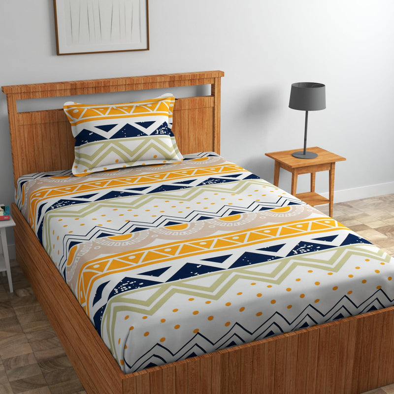 NHD HOME Presents Glace Cotton 180TC Single Bedsheets(Size-90 X 60 Inch) with 1 Pillow Covers(Size-18 X 28) Zigzag, White Rust and Blue