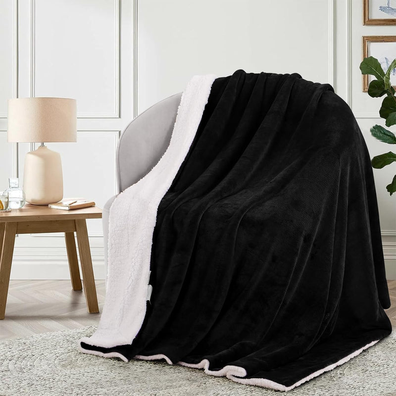 CottonFry Plush Sherpa Fleece Throw Blanket for Couch Sofa with Velvet Goli (Black, 60X80)