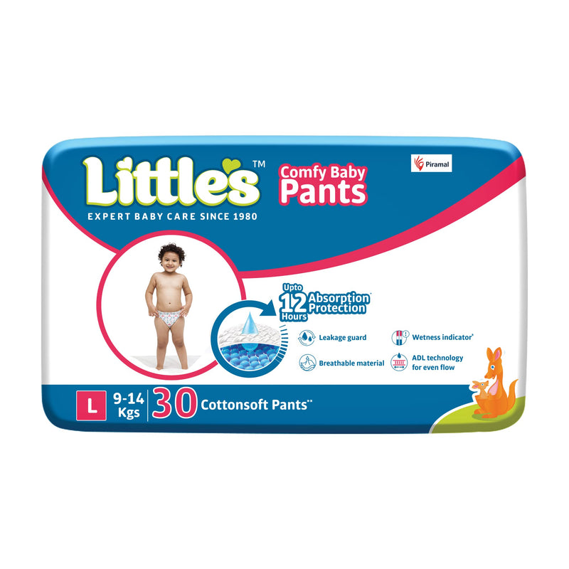 Little's Baby Pants Diapers Large (L), 9-14 kg, 30 Count, with Wetness Indicator and 12 Hours Absorption