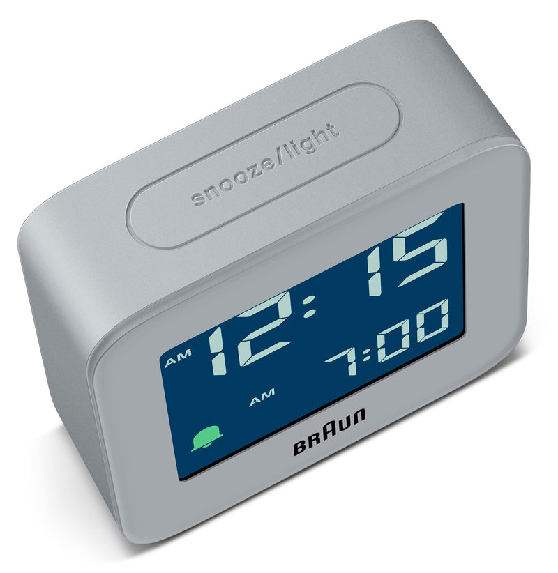 Braun Digital Travel Alarm Clock with Snooze, Compact Size, Negative LCD Display, Quick Set,Crescendo Beep Alarm in Grey, Model BC08G.