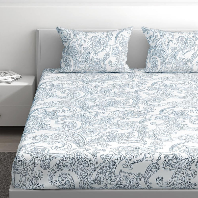 100% Cotton 152 TC Fitted Bedsheet with 2 Pillow Covers | Paisley Diwan, 72" x 48", Paisley| 1.83m x 1.22m