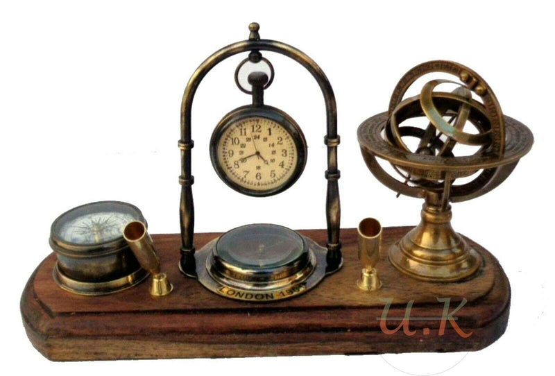 M.A & SONS Antique Brass Table top Clock with Pen Holder Compass and Armillary Sphere