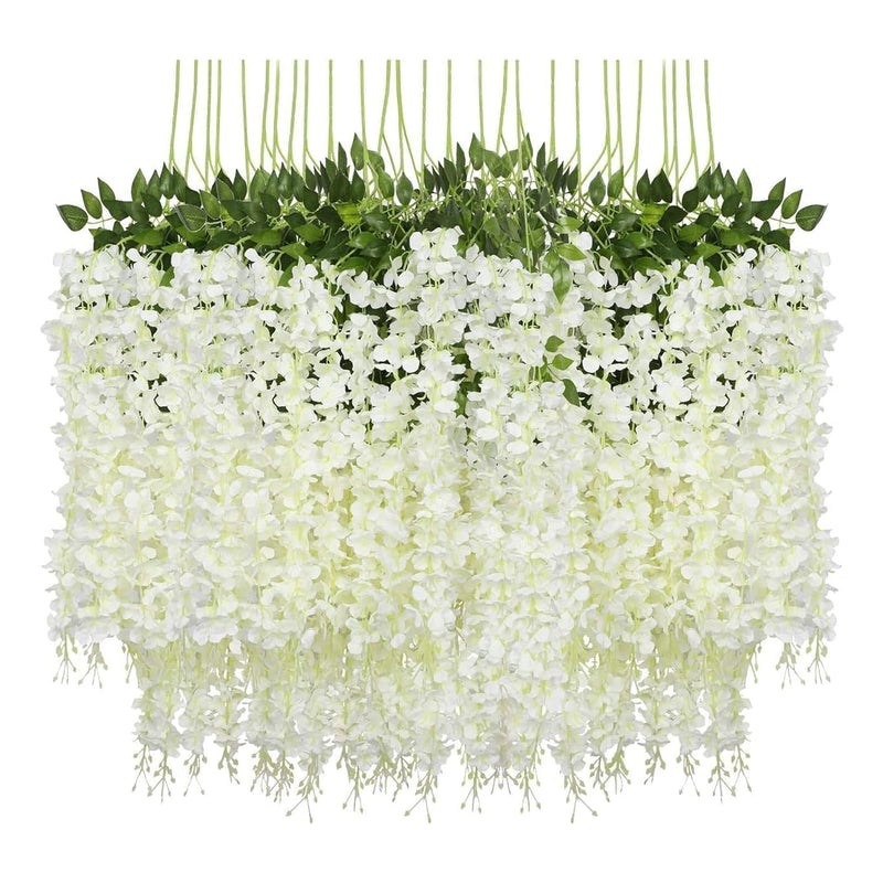 SWADESI STUFF 12 Pack (43.2 FT) Artificial Wisteria Vine Ratta Fake Wisteria Hanging Garland Silk Long Hanging Bush Flowers String Home Party Wedding Decor (White) (WHITE)