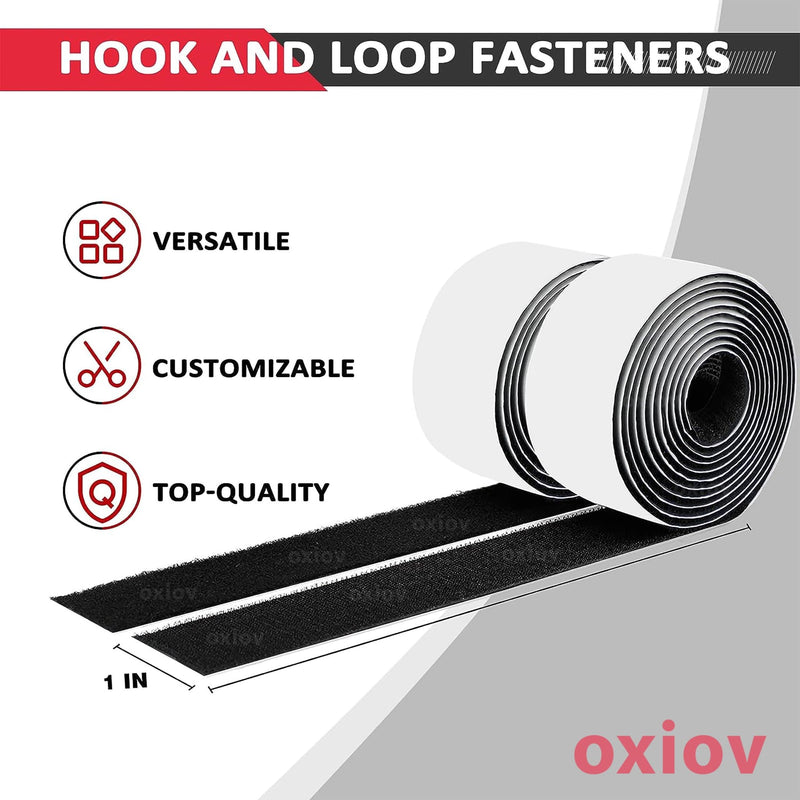 OXIOV Self Adhesive Hook and Loop Tape | Nylon Self Adhesive Heavy Duty Strips Fastener for Home Office School Car and Crafting Organization (Black) (5M*25 mm)