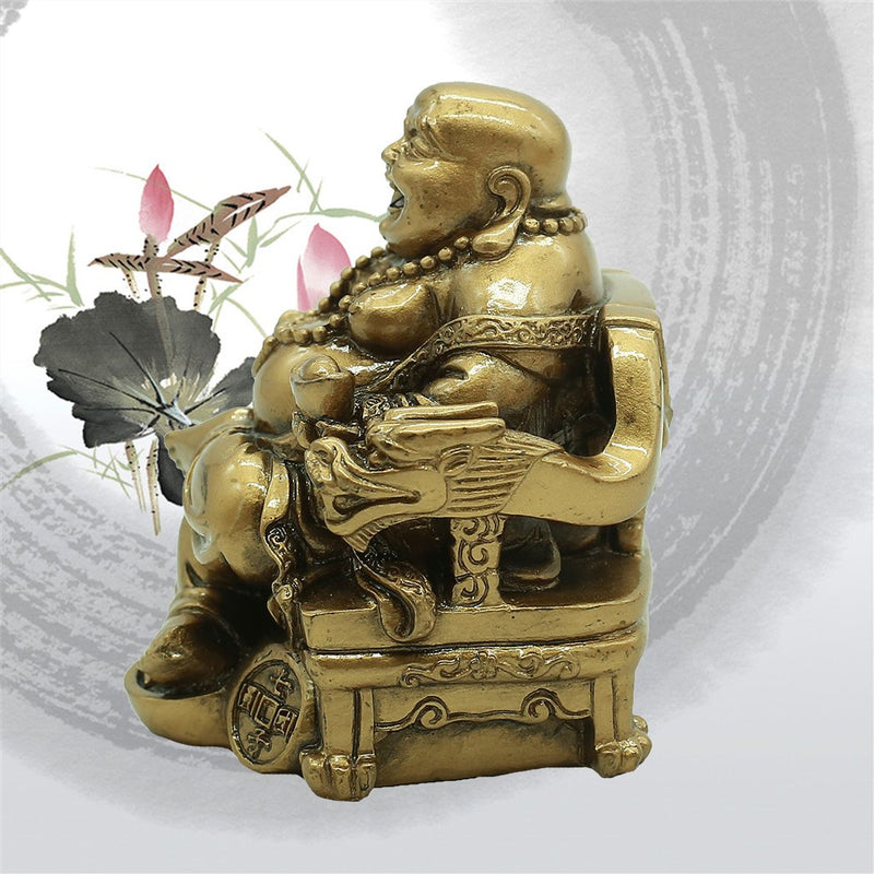 Chinese Handicrafts Resin Laughing Buddha Sitting on Dragon Chair Sculpture Wealth Lucky Statue Home Decoration Gift