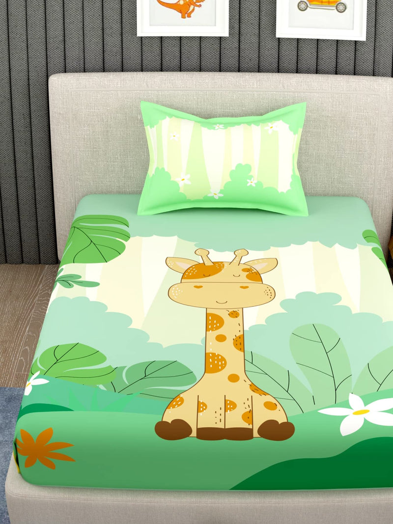 EVER HOME Giraffe Cartoon Single Bedsheet for Kids Cute Cartoon Bedsheet Made with Pure Cotton(Size 60 X 90 Inches) 1 Bedsheet + 1 Pillow Cover