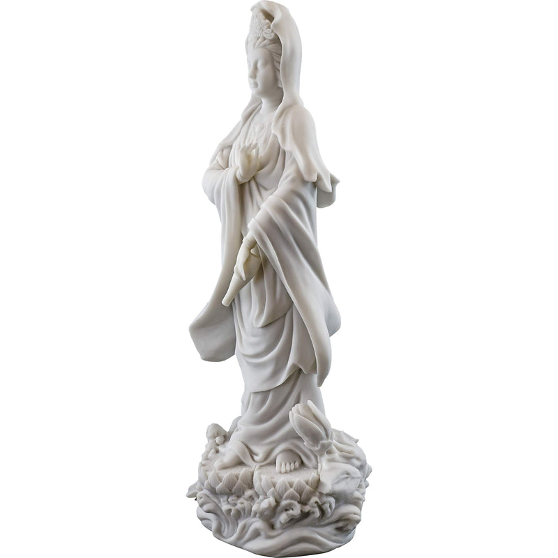 Top Collection Quan Yin Statue on Lotus Pedestal - Kwan Yin Goddess of Mercy and Compassion Sculpture in White Marble Finish- 12.5-Inch Buddhist Figurine