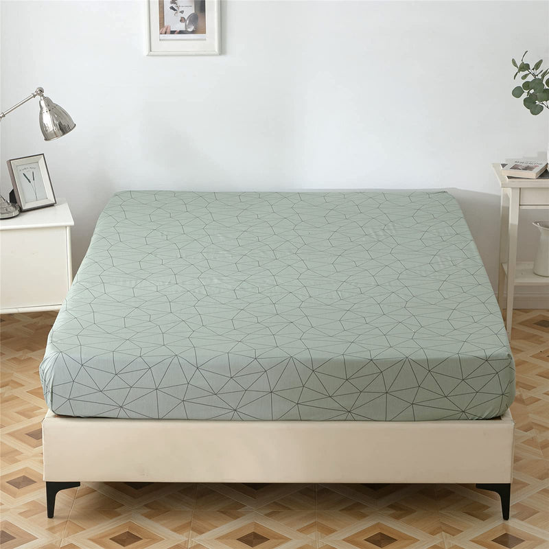 VM VOUGEMARKET Geometric Single Bed Fitted Bottom Sheet Green,100% Cotton Fitted Sheet with 15" Deep Pocket-King,Ultra Soft& Breathable (King, Geometric)