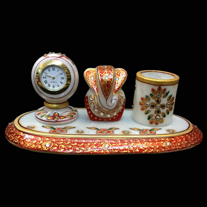 DIVINE ARTS Marble Decorative Pen Stand with Lord GANPATI and Piller Watch