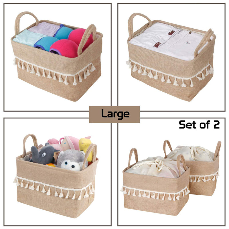 HomeStorie Jute Eco-Friendly Foldable Clothes Storage Basket Bin Organizer (Brown, Large, AR2093-L*2) - Set of 2