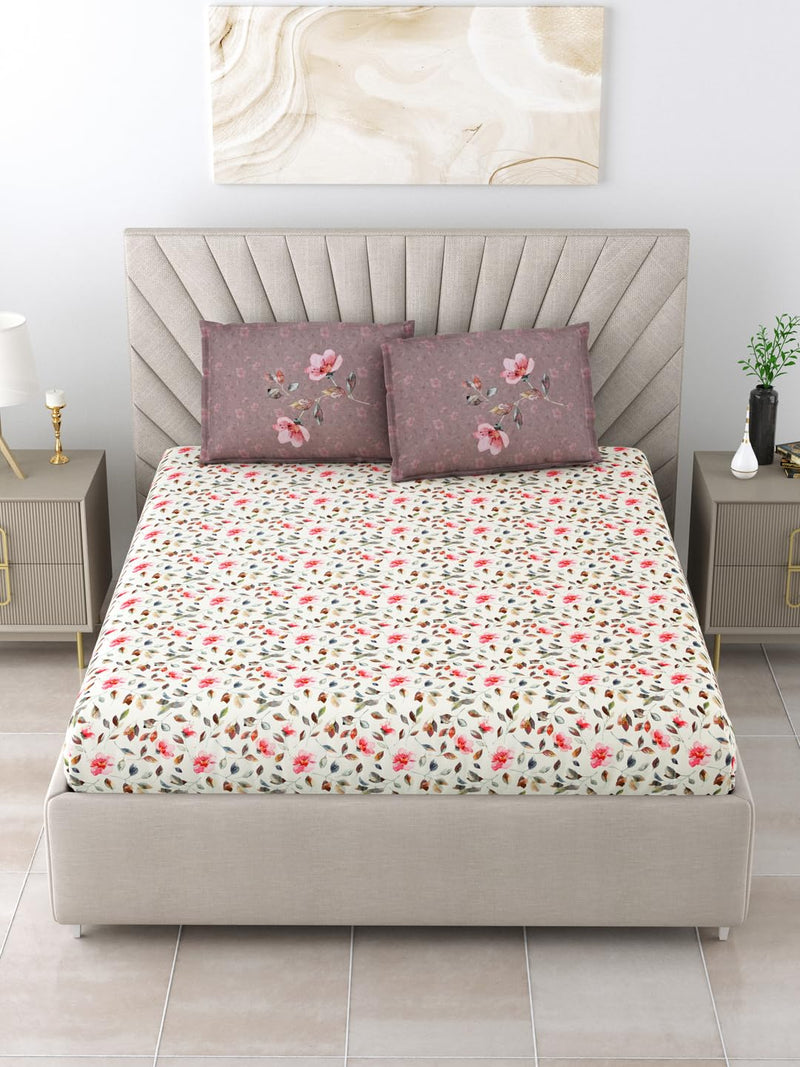 Salona Bichona Pink & Cream Floral Printed Cotton 300 Tc King Size Bedsheet with 2 Pillow Covers