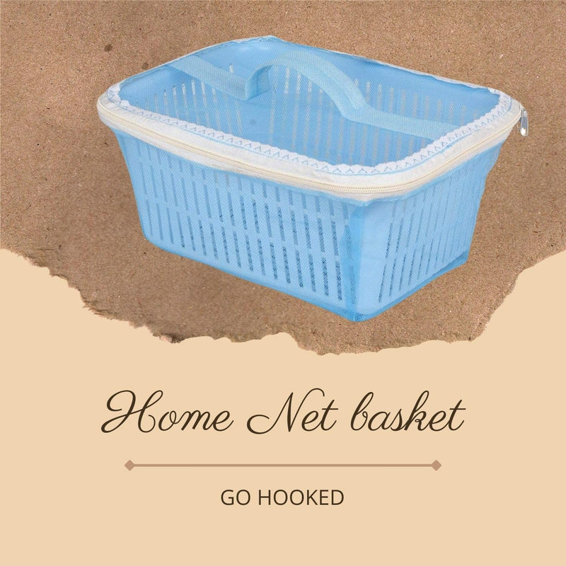 Go Hooked Multipurpose Plastic Storage/Gift Basket With Net Cover | Stylish Basket With Zip Net Cover Pack Of 1 (Blue).