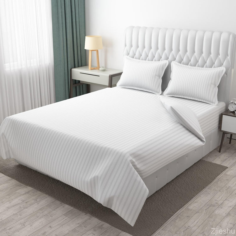 Cool Dealzz 400 TC Cotton Plain Stripes Double Queen Size Bedsheet with 2 Pillow Cover (White)