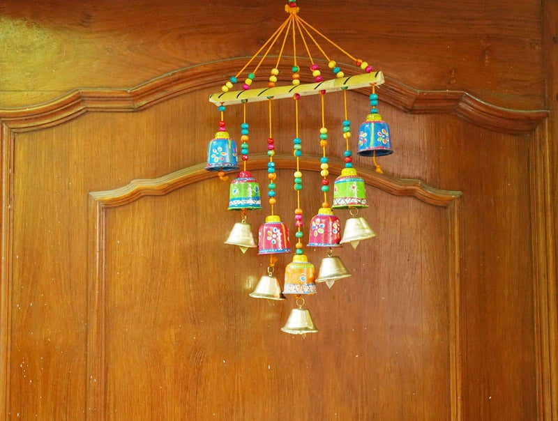 Anupam Enterprises Indian Rajasthani Handmade Traditional Art Home Decoration Wall Hanging Paper Mache Wind Chime with Bells for Temple, Entrance, House Warming and Festivals (Multicolour)