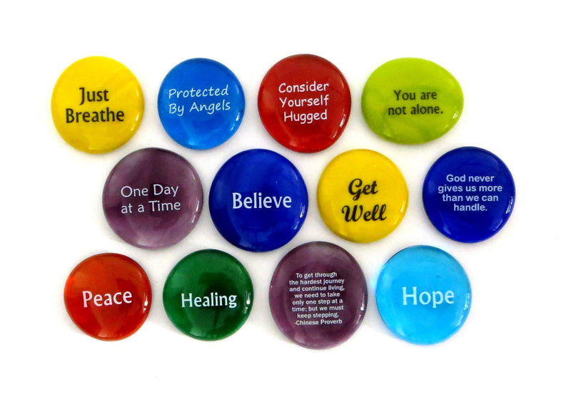 Comfort Stones,12 Encouraging and Comforting Sayings On Glass Stones For Anyone Facing a Challenge Or Illness. By Lifeforce Glass.