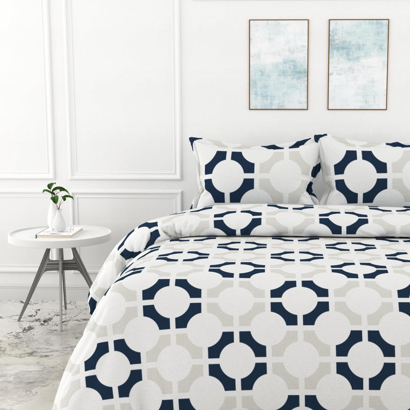 LORETO – A QUALITY LINEN BRAND 144 TC 100% Cotton Bedsheet for Double Bed with 2 Pillow Covers - Colonial Blue Matrix