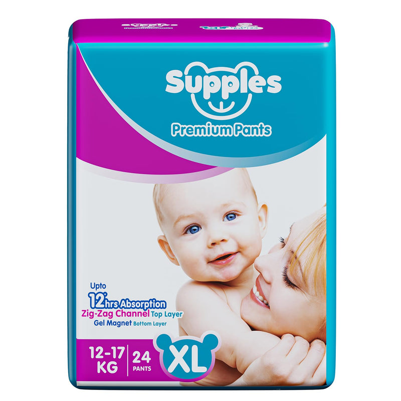 Supples Premium Diapers, X-Large (XL), 24 Count, 12-17 Kg, 12 hrs Absorption Baby Diaper Pants