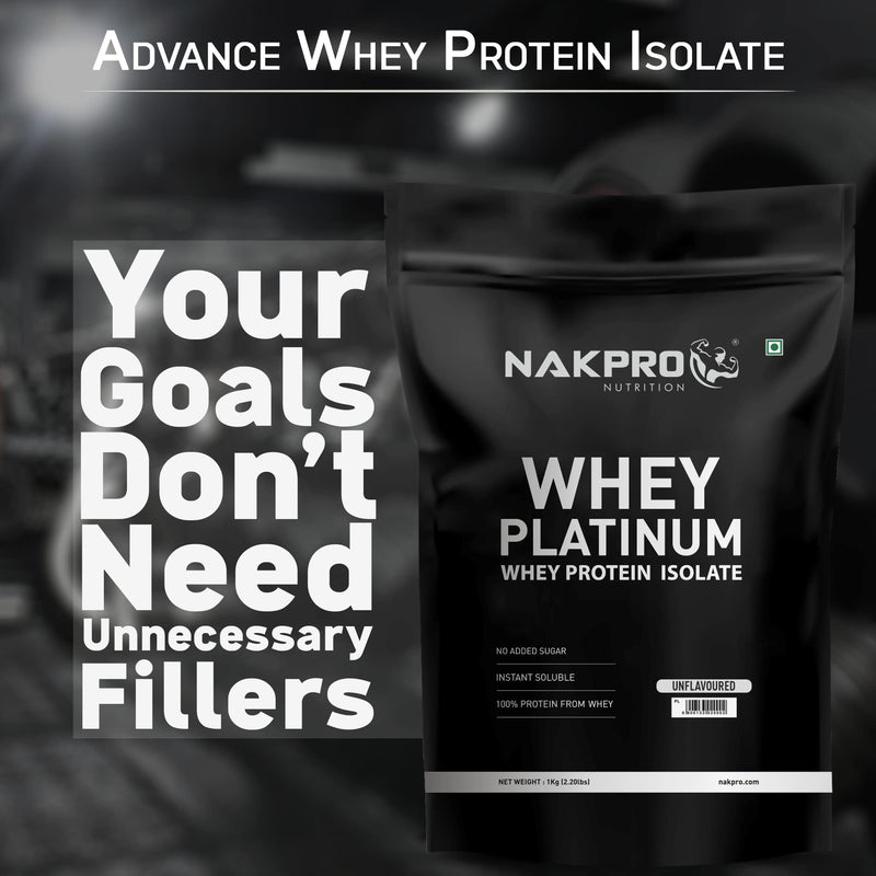 NAKPRO Platinum Whey Protein Isolate | 30.6g Protein, 7.01g BCAA | Easy Mixing, Low Carbs, Easy Digesting Whey Protein Supplement Powder (1 Kg, Unflavoured)