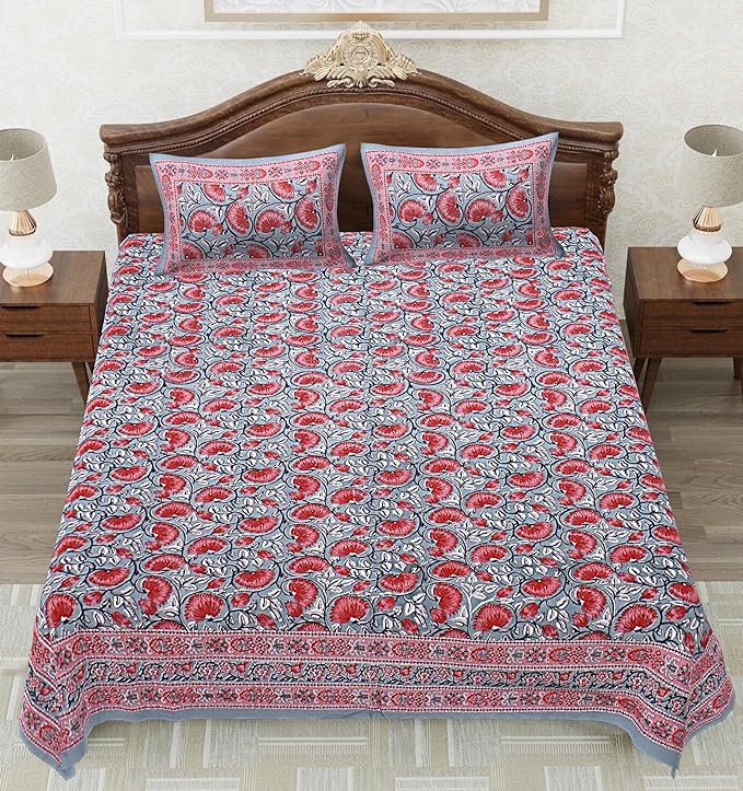 BuddyMart Soft Cotton Bedsheet Queen Size Jaipuri Print Pure Cotton Bedsheet Set with Matching Pillow Covers 93 * 108 Bedsheet Cotton Home Decor