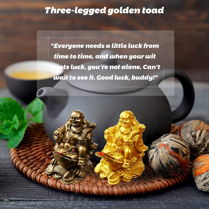 YODOOLTLY Feng Shui Laughing Buddha, Wealth Laughing Buddha Sit on Money Frog Statue Lucky Toad Car Ornaments Home Office Decoration (Bronze)