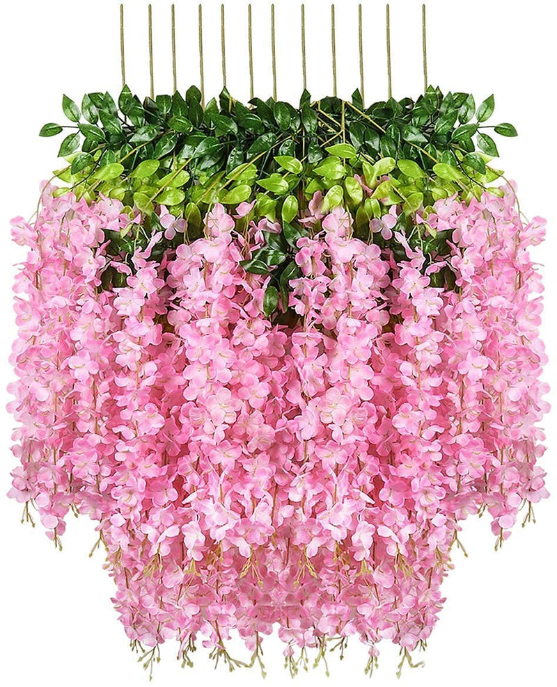 SVDK Pack of 12 Piece Artificial Vine Fake Pink, Purple & White Wisteria Hanging Garland Long Hanging Bush Flowers, String Home, Party Decor (4-Pink, 4-Purple, 4-White) - 45.00 Cm