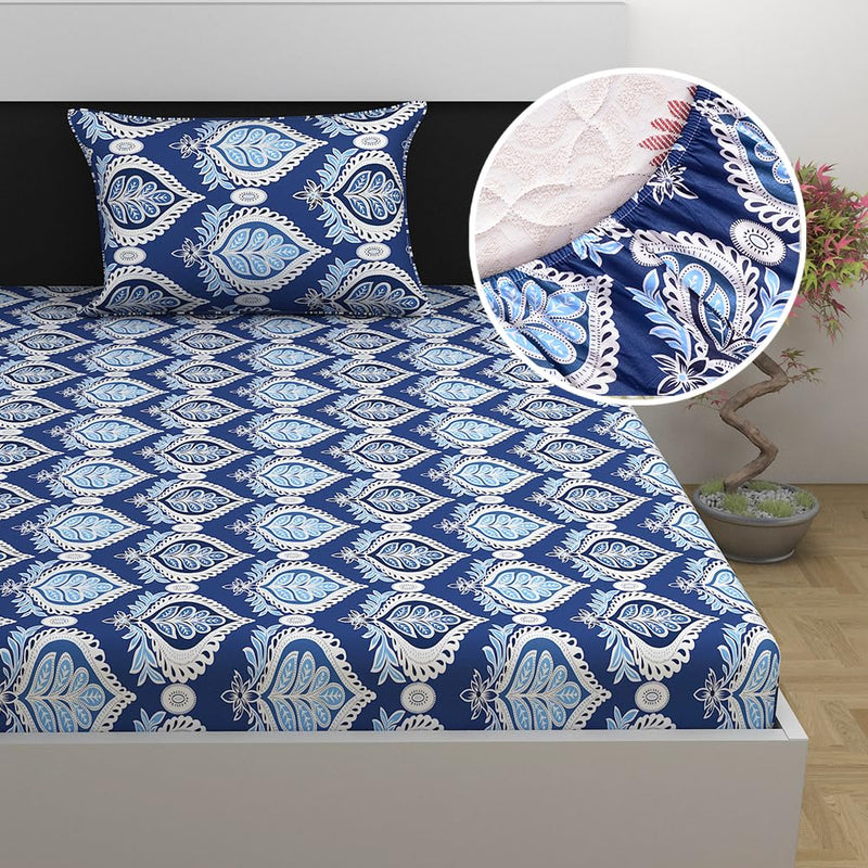 Divine Casa 144 TC Cotton Floral Print Single Bed Elastic Fitted Bedsheet with 1 Pillow Cover (90 X 198 + 15 cm, Blue Ribbon)