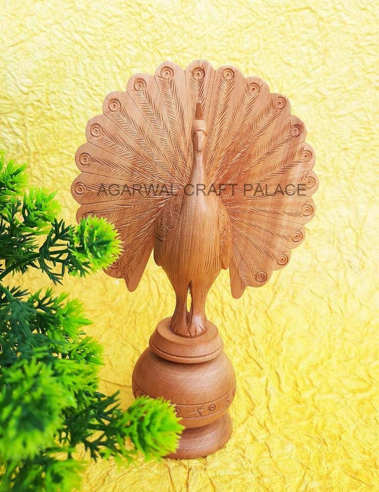 Agarwal Craft Palace Wooden Peacock, Wood Carving Peacock, Dancing Peacock, Peacock Showpiece, Wooden Peacock for Home Decor, Peacock Statue, Rajasthani Wooden Art, Open Feather Peacock (6 Inch)