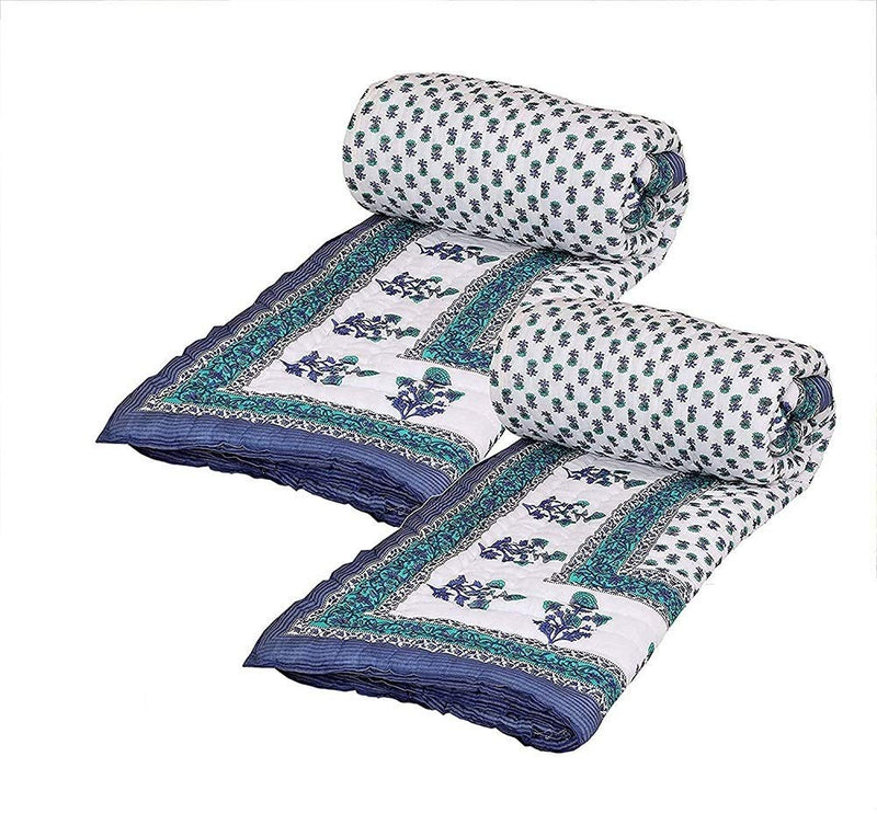 Cure & Care AC Quilt/Razai 2 Jaipuri Razai #Rajasthani#Traditional Single Bed Soft Sanganeri Print Double Light Weight Pure Cotton AC Quilt/Razai White & Blue, Single (55 x 85) (Set of 2)