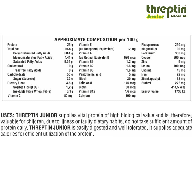 Threptin JUNIOR-Protein Diskettes| Healthy Snacks for Kids - 250g, Casein Protein Diskette with Calcium, Essential Vitamins, Minerals, Shankhpushpi and Brahmi-(No Maida)- Kesar Pista|100% Veg