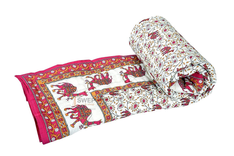 SIBLEY Cotton Soft Jaipuri Razai Traditional Camal Print Single Bed Winter Heavy Ac Blanket Comforter Super Soft Lightweghit Quilt - Razai Pink [Single Bed]