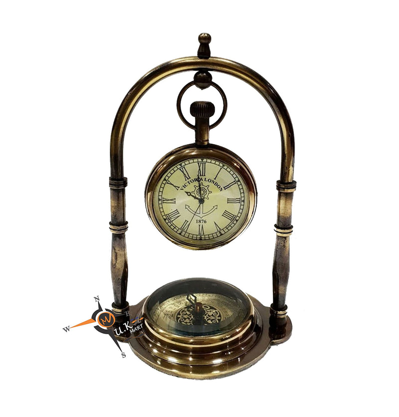 M.A & SONS Antique Brass Table Clock Compass Style Nautical Maritime Ship Desk Clock Office Decor Solid Brass Beautifully Engraved Clock & Compass