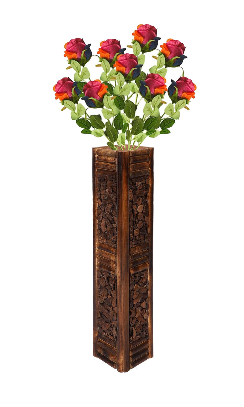 Velgo Hub Wooden Square Shape Floor Flower Vase With Coconut Shell Chips With Molding (24 Inch)