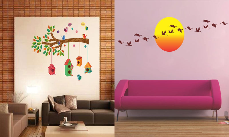 Walltech Set of 2 Wall Sticker Bird House On A Branch and Sunrise with Flying Birds Wall Sticker