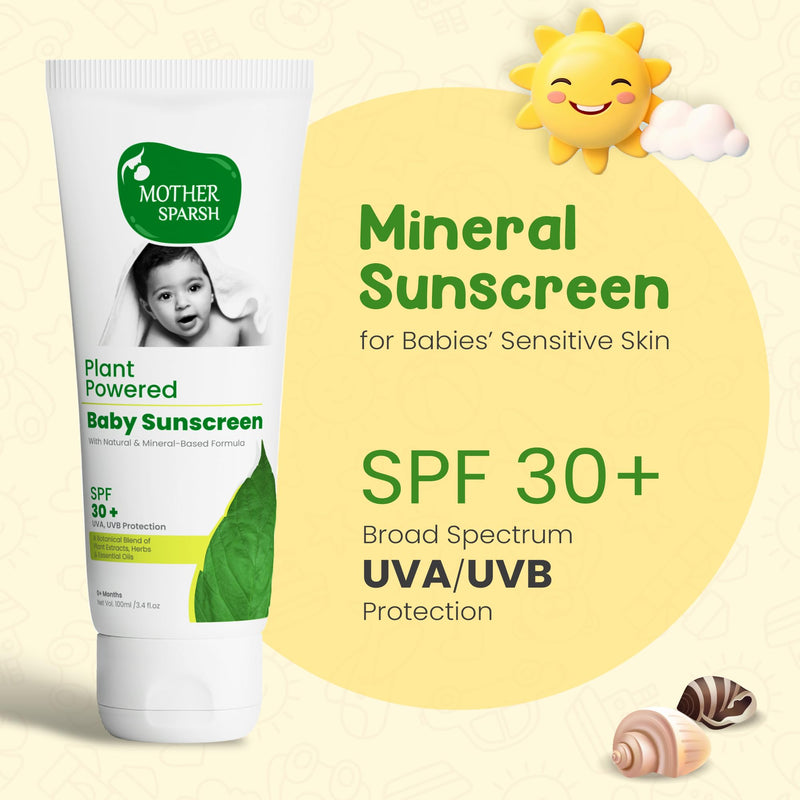 Mother Sparsh Natural Baby Sunscreen Lotion with SPF 30+ For UVA & UVB Protection | Plant derived 95% Bio Based Ingredients - 100ml