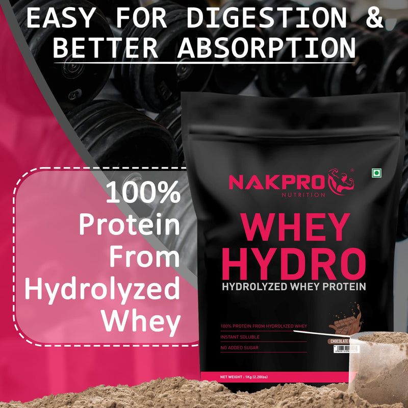 NAKPRO HYDRO Whey Protein Hydrolyzed | 25g Protein, 5.8g BCAA | Easy Mixing, Low Carbs, Easy Digesting Whey Protein Supplement Powder for Men, Women & Athletes | 1 Kg (Chocolate)