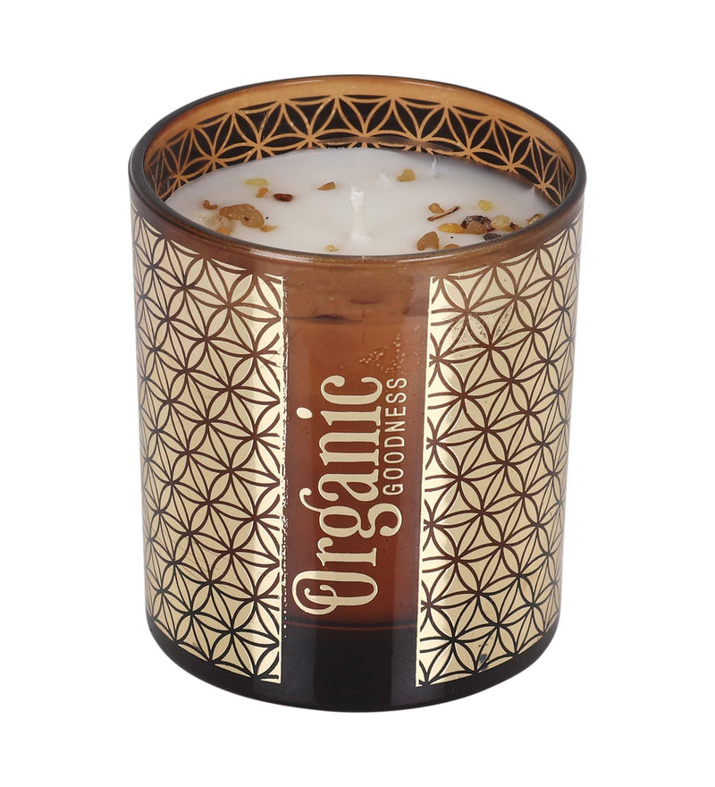 200 g. Frankincense & Myrrh Organic Goodness Smudge Candle in Gold Foil Glass Jar