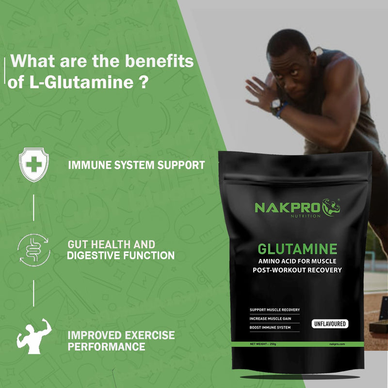 Nakpro L-Glutamine Powder | 4g Glutamine Per Serving, 50 Servings | Post Workout Amino Acid Supplement for Muscle Growth and Recovery (Unflavoured, 250g)