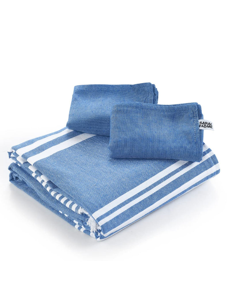 Saral Home Cotton Striped King Size Bedsheet with 2 Pillow Covers (Blue 100X108 Inch)